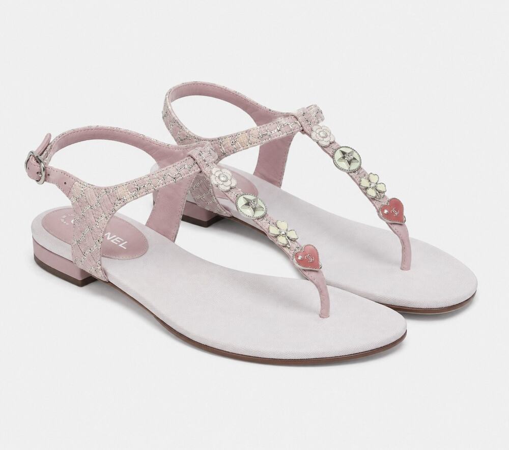 Chanel Pink Metallic Tweed CC Charm T-Strap Thong Sandals Size 37.5